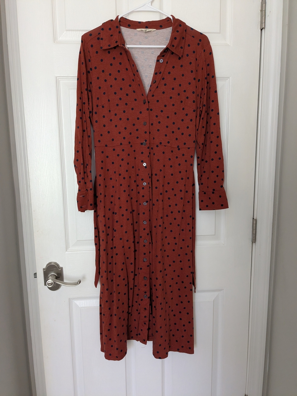 Boden Rust Polka Dot Long-Sleeve Button Midi Dress